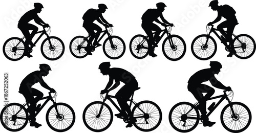 Silhouettes of mountain bikers cycling in different riding positions isolated on white background sport action motion training fitness endurance concept