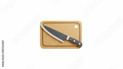 Knife on cutting board closeup.