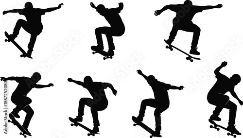 Skateboarder silhouette action set, urban street skating tricks illustration, extreme sports movement, professional skater jump, black vector art design collection