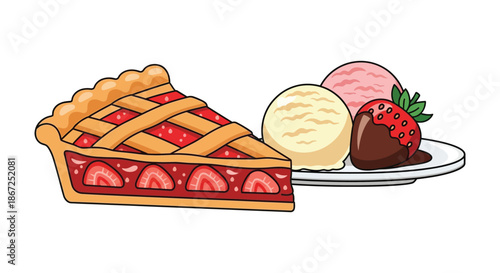 Delicious strawberry pie slice with vanilla and strawberry ice cream dessert on a.