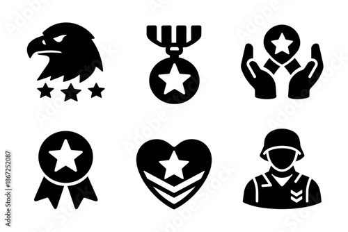 Honor and service icon collection in black. Set of eagle emblem, medal, protected person, award ribbon, shield badge, soldier icons