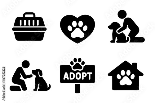 Pet adoption and animal care icon collection in black. Set of pet carrier, paw heart, human with dog, adopt sign, animal shelter and care icons