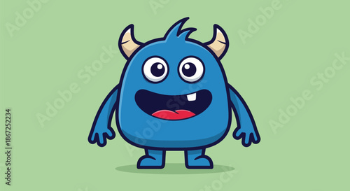 A friendly blue monster with horns smiles widely against a green background.