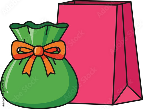 A green drawstring gift bag with an orange ribbon sits beside a pink shopping bag.