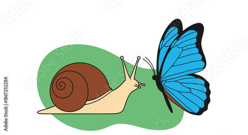 Slow garden snail interacts curiously with a fast blue butterfly against a simple.