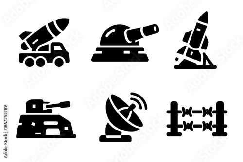 Military weapons icon collection in black. Set of missile truck, artillery cannon, rocket launch, tank, radar dish, barbed wire icons