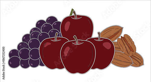 Grapes, apples, and pecans form a simple pile of fresh harvest on a white background.