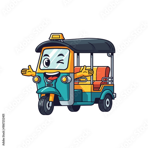 Colorful tuk tuk with friendly character waving