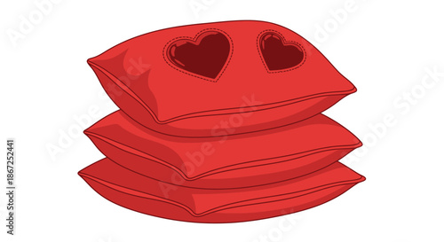 Decorative red pillows are neatly stacked, displaying two charming heart-shaped.