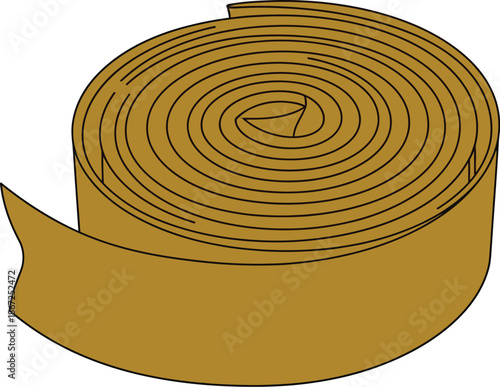 Brown coiled ribbon or tape forms a tight spiral on a plain white background.