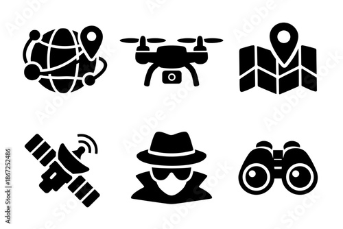 Surveillance and tracking icon collection in black. Set of global network, drone, location map, satellite antenna, spy agent, binoculars icons