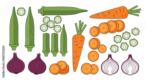 Okra, whole and sliced carrots, and red onions are neatly arranged as colorful.