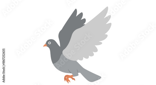 Cartoon grey pigeon, with outstretched wings, is depicted in mid-flight on a clean.