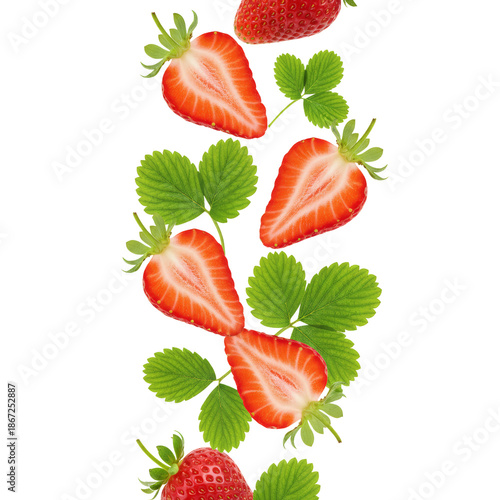 Fresh Strawberries Slices and Leaves Border on White Background