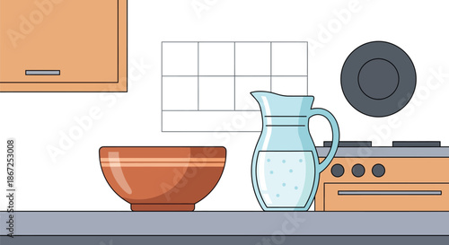 Pitcher of water sits beside a ceramic bowl on a kitchen counter near a stove.