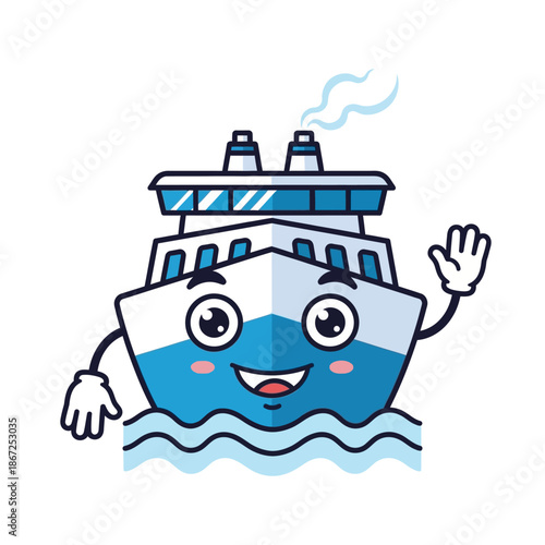 Friendly cartoon cruise ship waving with a smile on water