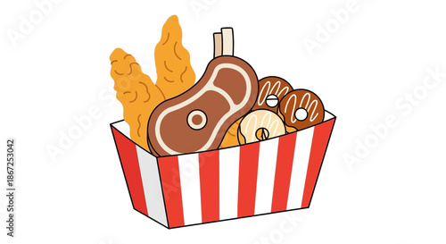 Basket overflowing with fried chicken, a bone-in steak, and sweet donuts illustrates.