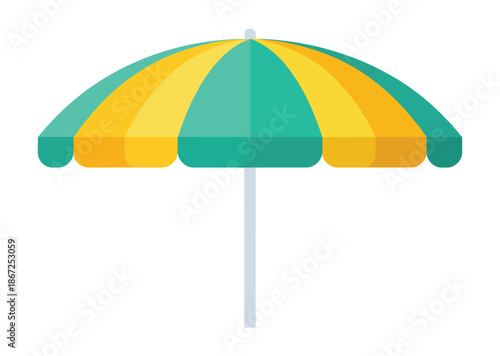 A striped beach umbrella stands ready for sun protection on a clear day.