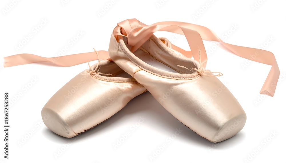 Fototapeta premium Pair of satin pointe ballet shoes with ribbons, isolated on white