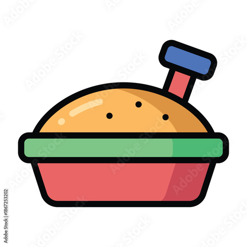 Colorful illustration of a sandbox toy with bucket and sand elements. Friendly design for children play activities, creativity themes, and early learning environments.