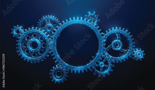 Low Poly Gears - Abstract Composition on Blue Background. A Group of Cog Wheels Made of Wireframe Mesh. Vector illustration depicting synergy partnership and industrial teamwork concept.