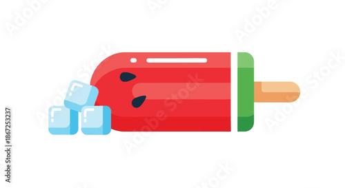 Watermelon popsicle with melting ice cubes rests horizontally on a white surface.