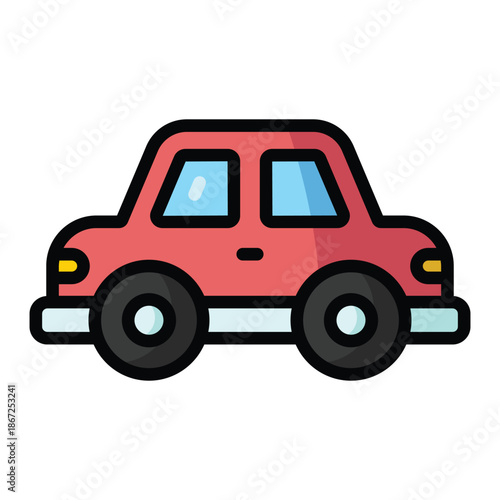 Colorful illustration of a small toy car with rounded shapes and bold strokes. Child friendly design suitable for kids education, playroom visuals, learning materials, and playful backgrounds.