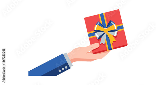 Businessman hand extends a wrapped red gift box with a decorative ribbon.