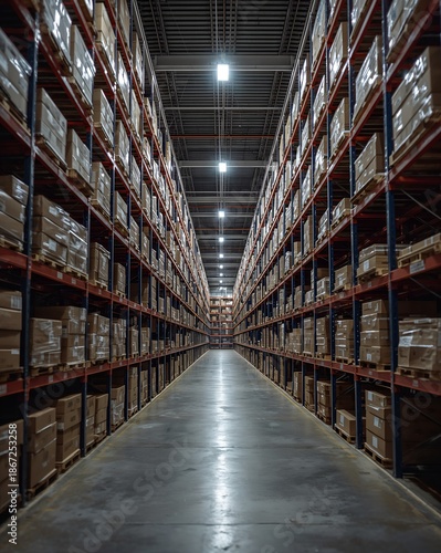 Wallpaper Mural Warehouse storage with multiple rows of boxes and a clear aisle. This scene evokes order, logistics and productivity Torontodigital.ca
