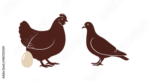 Chicken with an egg stands beside a pigeon silhouette on a plain white setting.