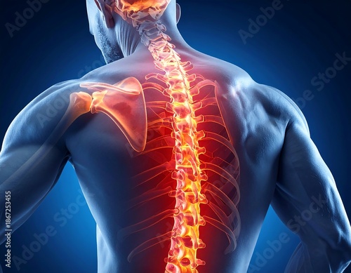 Anatomical illustration of a muscular human back showing a highlighted red spine against a dark blue gradient backdrop
