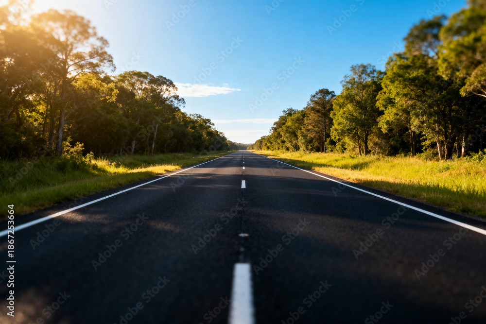 Obraz premium Long Asphalt Road Through Green Forest