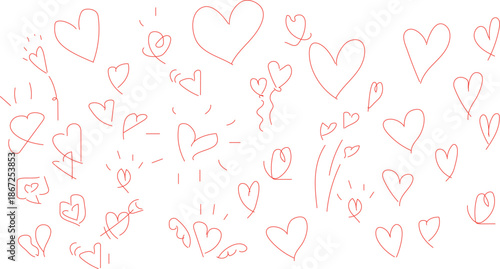  vector illustration of a seamless pattern of hand-drawn red and pink hearts on a white background. It is a popular design minimalist 