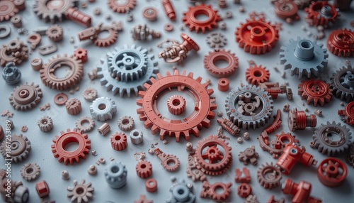 On a light surface, red and grey gears are placed. Parts of a machine interact and link. symbolizes industrial processes, teamwork, and mechanical systems. Consider concepts from production engineerin