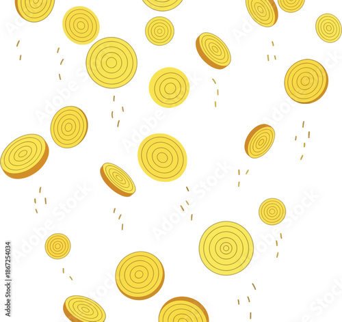 Golden yellow dehydrated vegetable chips fall down against a white background for a.