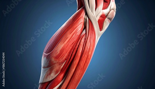 Anatomical illustration showcasing the muscular structure of a human arm, vibrant reds and whites, against blue gradient background