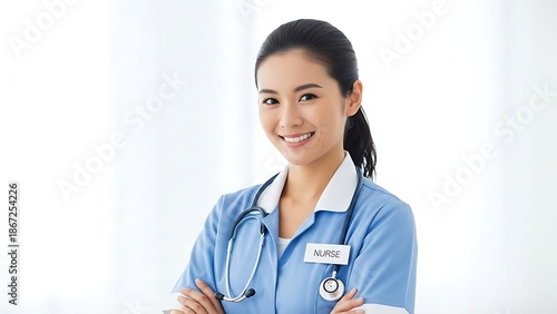 Smiling female nurse in blue medical uniform with arms crossed, standing confidently in a healthcare environment, representing professionalism, care, trust, and medical support