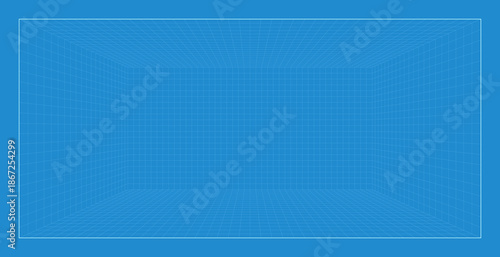 Empty futuristic digital box room. Wireframe grid template in perspective