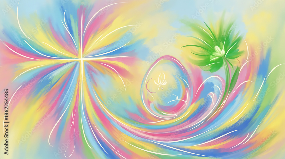 Fototapeta premium Colorful abstract Easter egg surrounded by swirls and flowers 