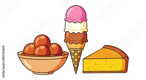 Bowl of sweet Indian gulab jamun next to a stacked ice cream cone and pie slice.