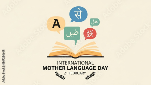 A colorful vector graphic celebrating International Mother Language Day with an open book and speech bubbles