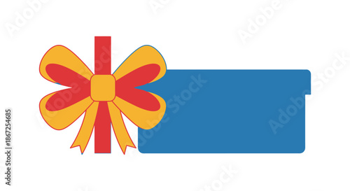 Blue rectangular gift box mockup features a large colorful decorative ribbon bow.