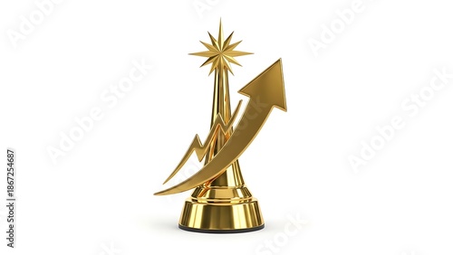 Golden trophy with upward arrow and star symbolizing success, growth, achievement, leadership, and business excellence on a clean white background
