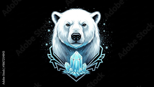 A polar bear's head with a crystal surrounded by stars in a vector graphic illustration