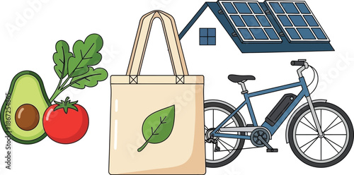 Sustainable living elements fresh produce solar power eco friendly transport and reusable bags