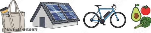 Sustainable living icons reusable bag solar panels bicycle and fresh produce