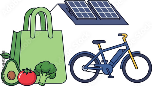 Sustainable living solar panel eco friendly bike reusable shopping bag and fresh produce