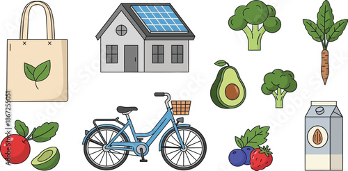Eco friendly lifestyle elements sustainable living organic food and green transportation
