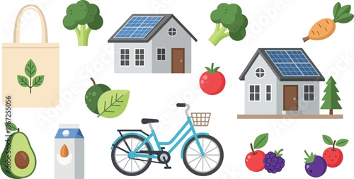 Sustainable living icons organic food eco friendly homes and green transportation