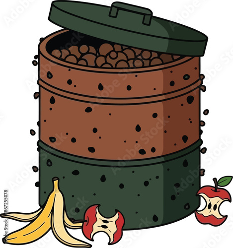 Illustration of a compost bin with banana peel apple core and fruit flies